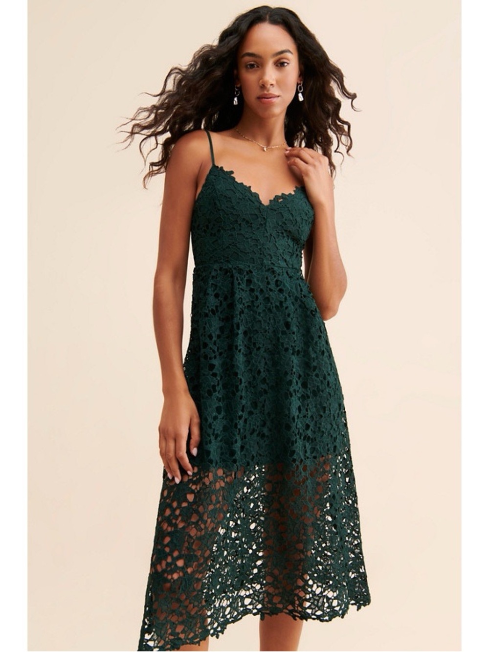 ASTR The Label Hunter Green A Line Lace Midi Dress Sz XS/S Wedding Guest Party